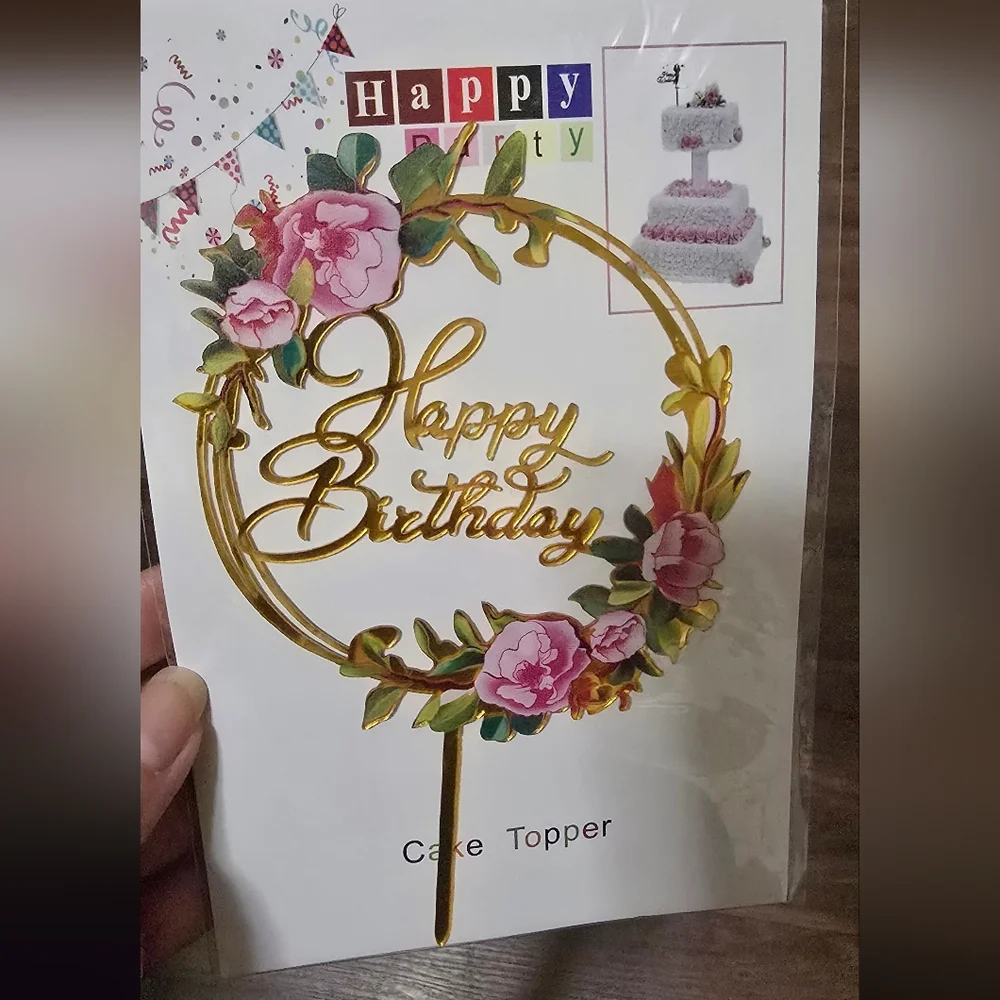 Gold Floral Happy Birthday Cake Topper